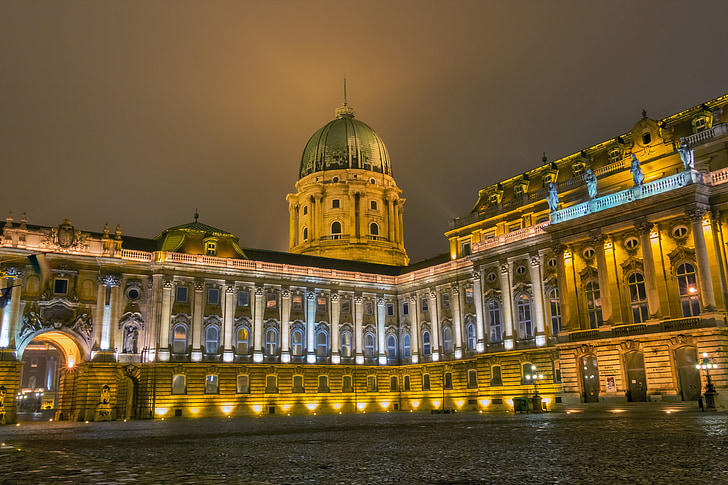 natt, vinter, Buda, slott, Budapest, Palace, lång exponering