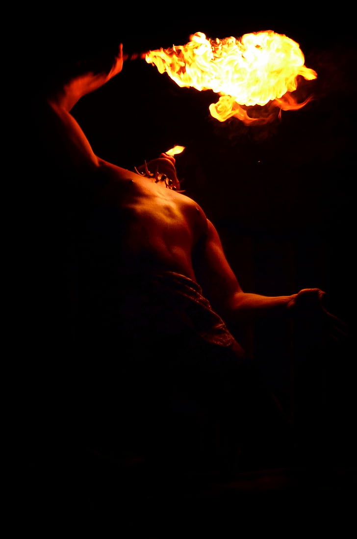 fire, torch, hawaii, flame, performance, luau, human body part