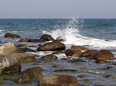 mer Baltique, Rügen, Banque, eau, vague, pulvérisation, pierres