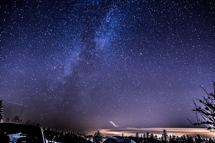 switzerland, gurnigel, long exposure, star, mountains, lights, evening sky