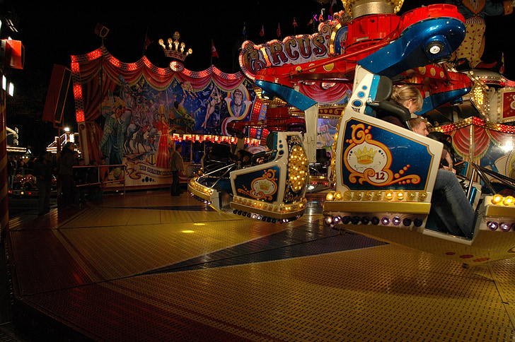 carousel, funfair, entertainment, party, evening, lighting, run