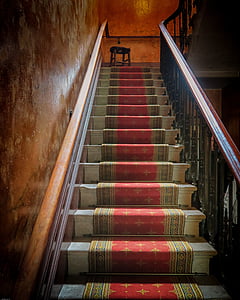 lépcsők, szőnyeg, antik, elegáns, lépcső, piros, luxus