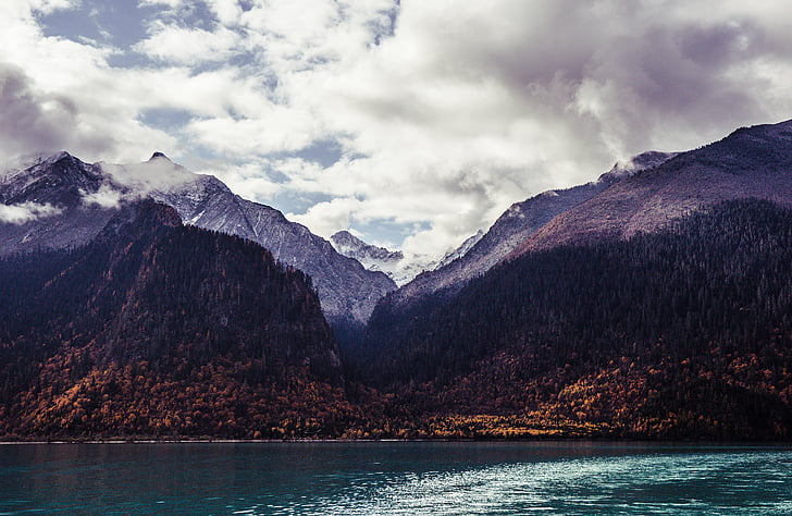 clouds, lake, landscape, mountains, nature, river, trees