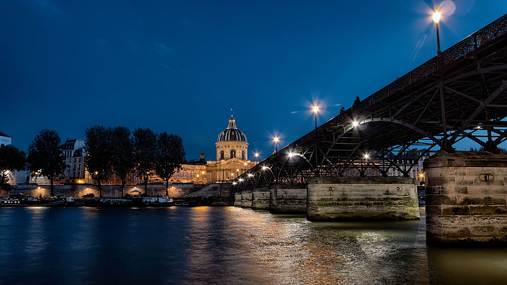 Râul Sena, Podul, Pont des arts, noapte, Paris, Franţa, apa