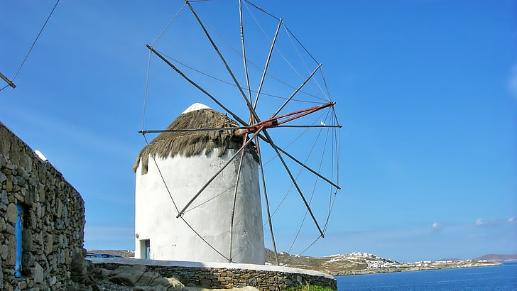 mlin, Mykonos, Grčija, modra, otok, morje, počitnice
