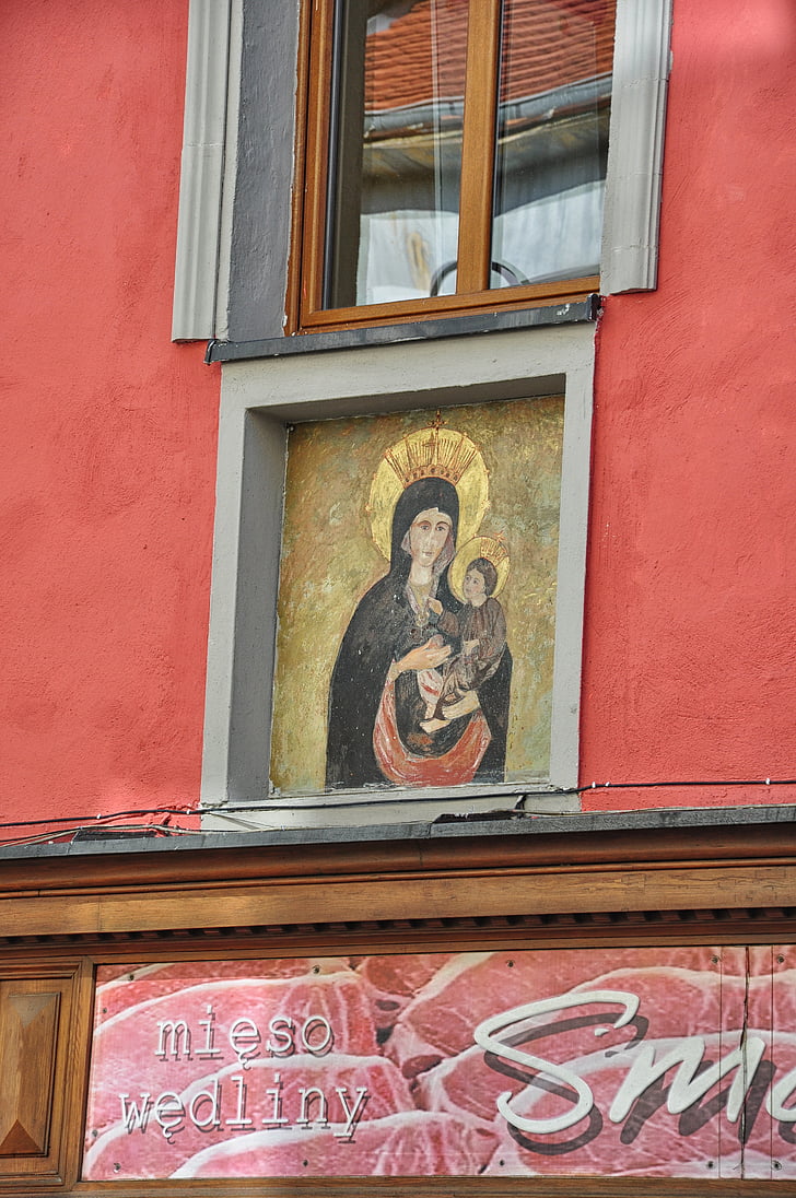 Virgin opole, de fresco's op het huis, gebouw, gevels, het platform, stad, Kamienica