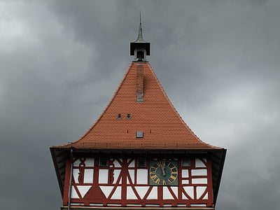 waiblingen, 오래 된 도시, 타워 지붕, 분위기, 점심, 어두운, 트 러 스
