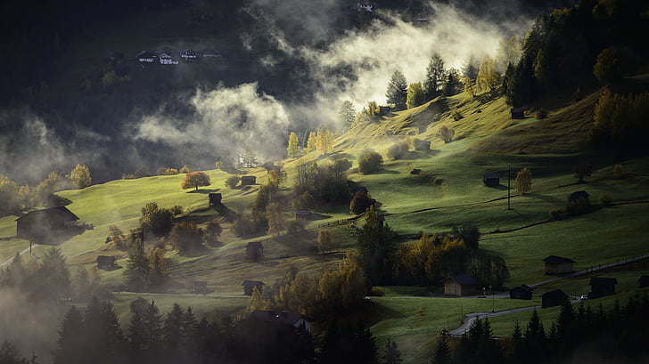 landscape, autumn, fog, village, twilight, afternoon, no people
