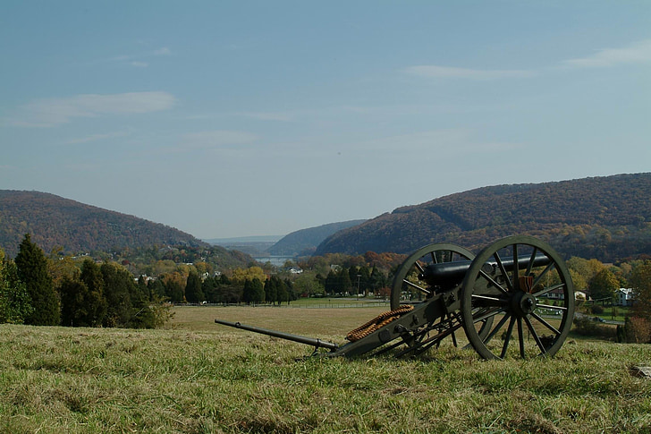 harpers ferry, West virginia, cannone, storico, cielo, nuvole, montagne