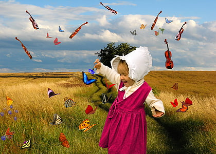 dynamique, Digi-art, composer, jeune fille, violon, papillon, papillons
