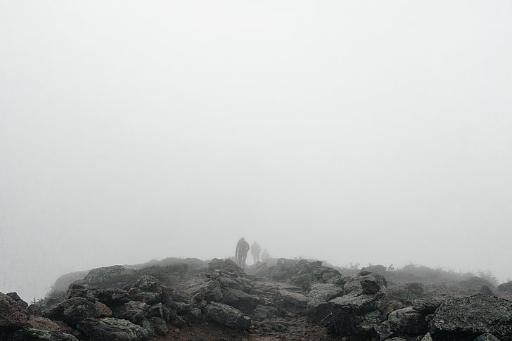 people, walking, stone, fog, hiking, hikers, trekking
