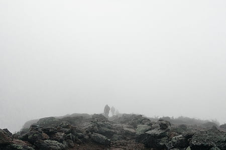ludzie, spacery, kamień, mgła, piesze wycieczki, pieszych, Trekking