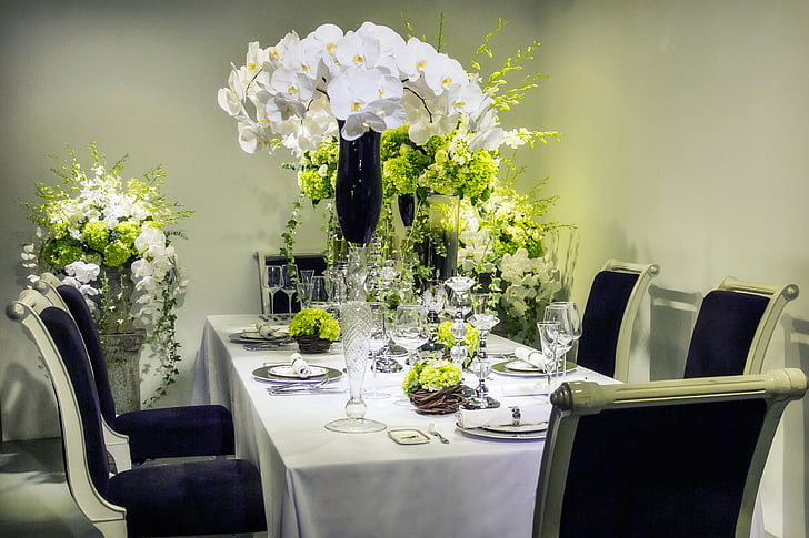 taula de menjador, dissenyar, taules i cadires, orquídies, orquídies blanques, orquídia, ly