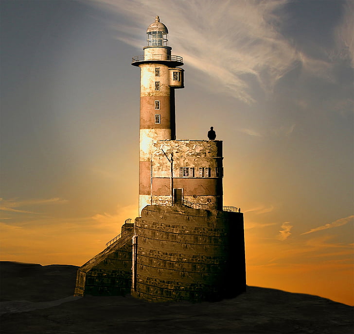 lighthouse, evening, sunset, afterglow, sea, coast, silhouette