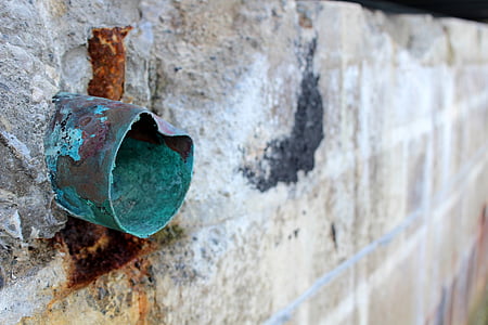 copper, green, wall, stone, pipe, drain, rusty