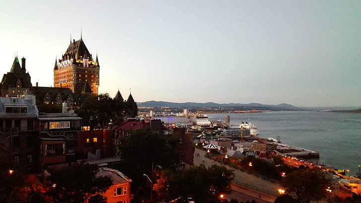 Québec, Panorama, natt, solnedgang, solen, elven, Frontenac