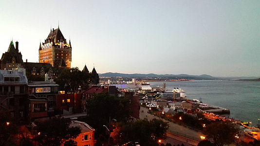 Québec, Panorama, notte, tramonto, sole, fiume, Frontenac