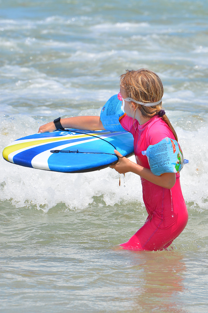 dítě, Děvče, Surf, vlny, surfovací prkno, lidé, sportovní