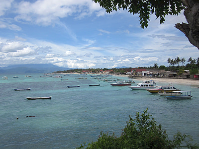 Lombok, Indonezija, nebo, oblaci, slikovit, stabla, brodovi