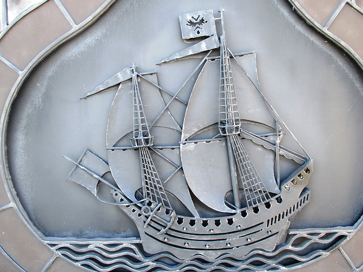 ship, sailing vessel, engraving, shield, metal, lake constance, altnau