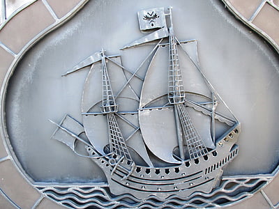 кораб, ветроходен кораб, гравиране, щит, метал, Боденското езеро, град Altnau