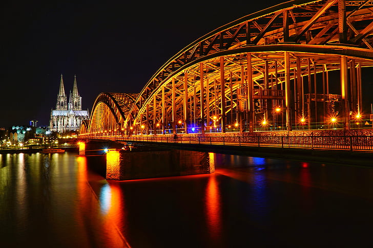Köln, Deutzer most, most, noč, arhitektura, vode, Nemčija
