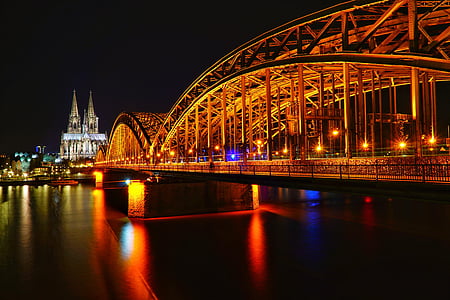 科隆, deutzer 桥, 桥梁, 晚上, 建筑, 水, 德国