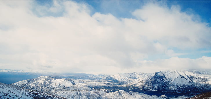 neu, recoberts amb, muntanyes, fotografia, paisatge, blau, cel