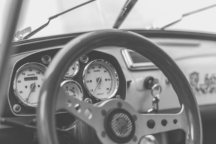 black-and-white, car, dashboard, speedometer, steering wheel