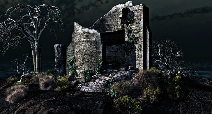 ruïnes, eng, mysterie, fantasie, landschap, donker, virtuele set