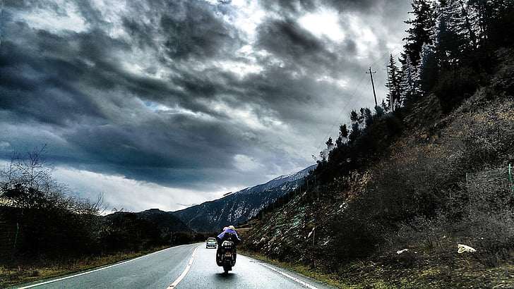 road, racing, cloudy day, dark clouds, highway, motorcycle, mountain