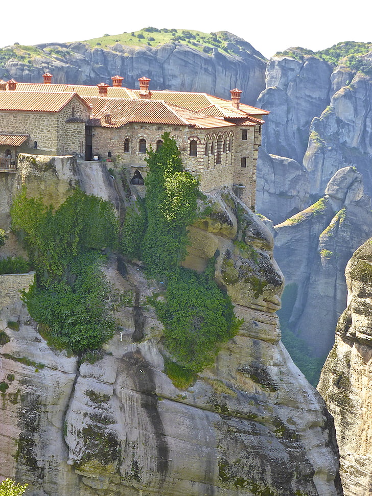 meteora, monastery, rock, mountain, perched, greece, built structure