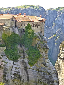 meteora, monastery, rock, mountain, perched, greece, built structure