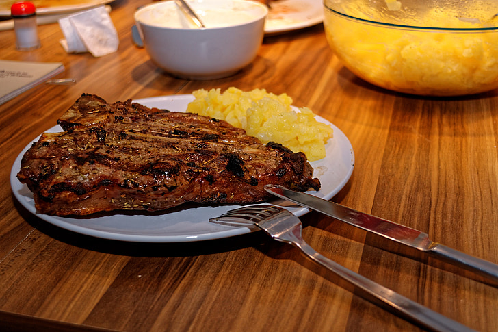 t-bone, steak, meat, grill, t-bone steak, potato salad, plate