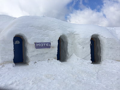 Hotel, iglú, gel, neu, muntanyes, l'hivern, congelat