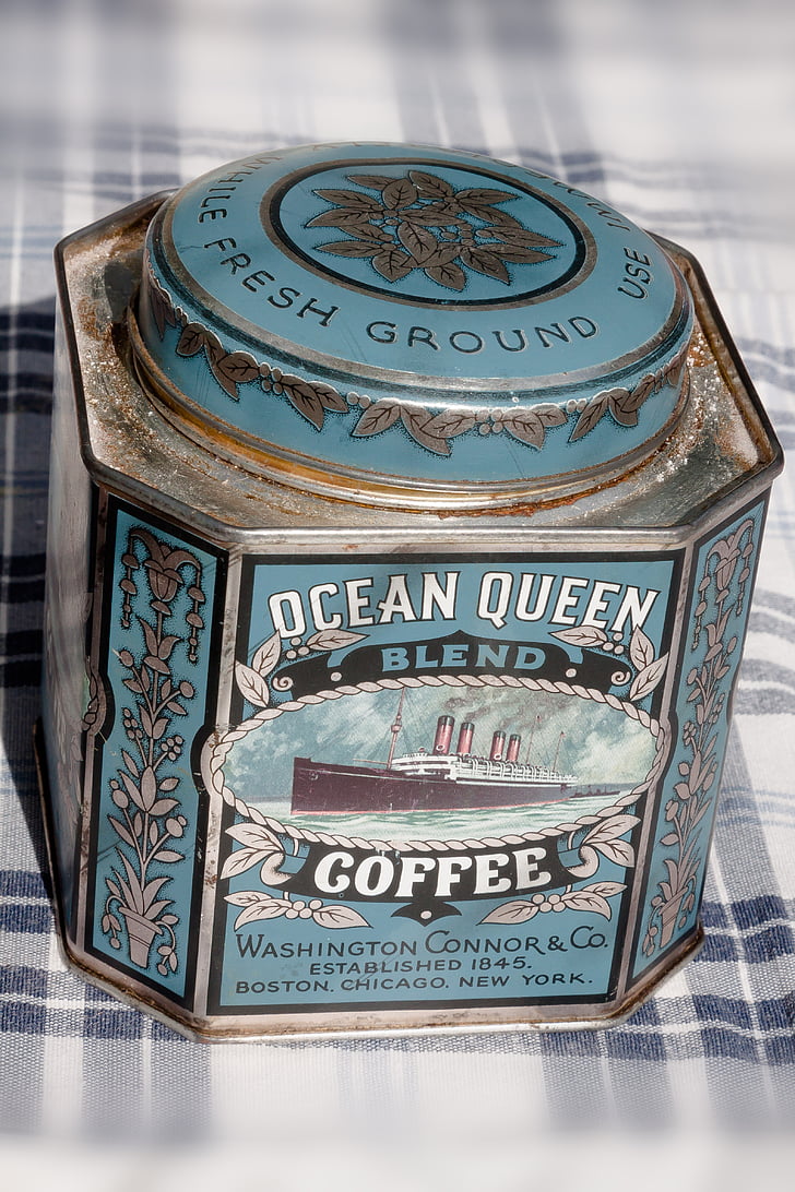 kasti, vana, brändi, konservikarp, kohvi, 1845, sinine