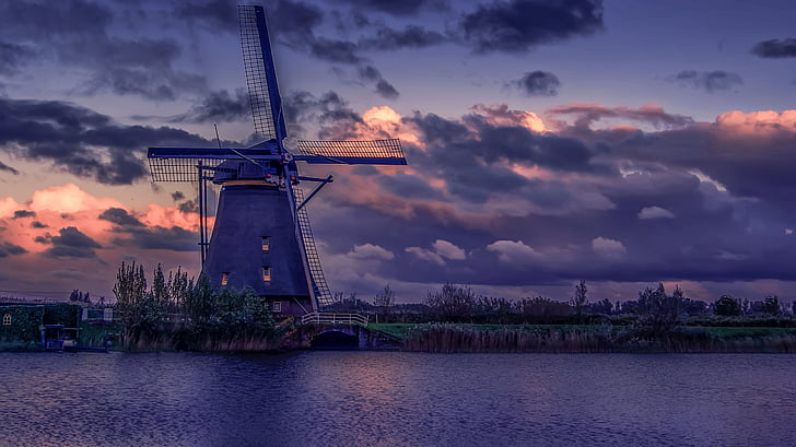 เนเธอร์แลนด์, กังหันลมดัตช์, กังหันลม, แม่น้ำ, ท้องฟ้า, โรงสี, โรงสีเก่า