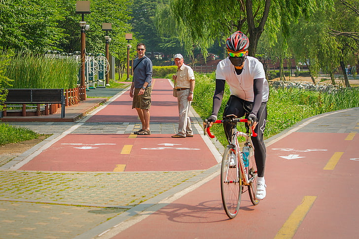 velosipēdists, pilsētas parks, Dienvidkoreja, Seoul, brīvdienas, pārsteigums, sporta