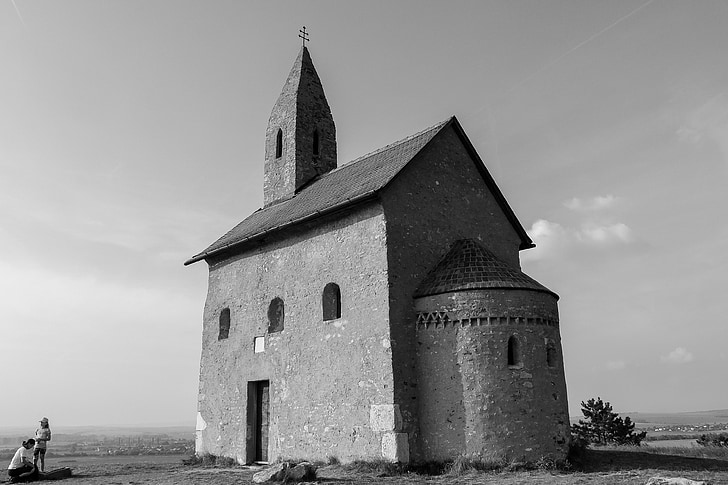 Nitra, arkitektur, dražďovský kostolík, sort og hvid, kirke, b w fotografering, Slovakiet