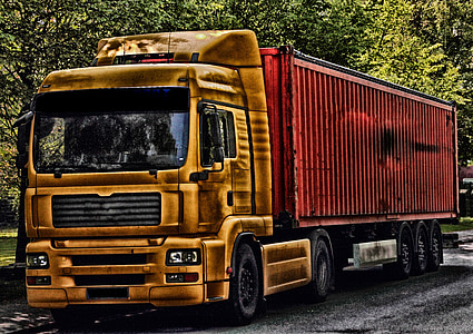camió, vehicle, vehicle comercial, transport, trànsit, groc, transport