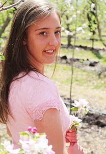 girl, portriat, flowers, young, lady, pink, smile