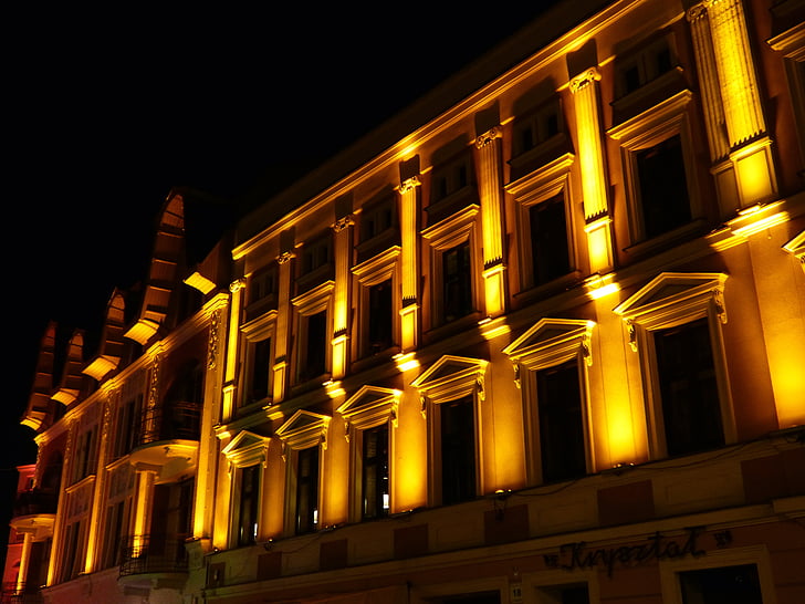 сграда, архитектура, Kamienica, осветление, перспективата за, светлина, нощ