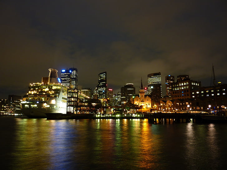 Sydney, Port, Úc, đêm, thành phố, nhà chọc trời, tàu du lịch