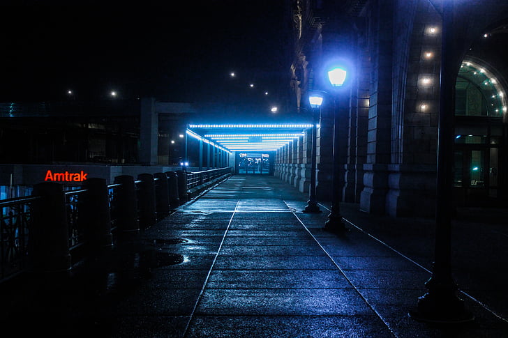 city, lamps, lights, night, pathway, street, train station
