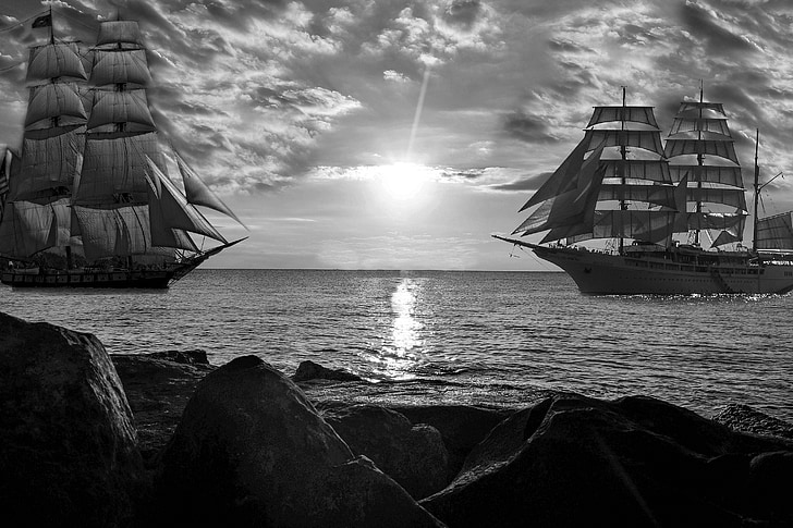 sea, boats, ships, rock, horizon, large ships, black and white