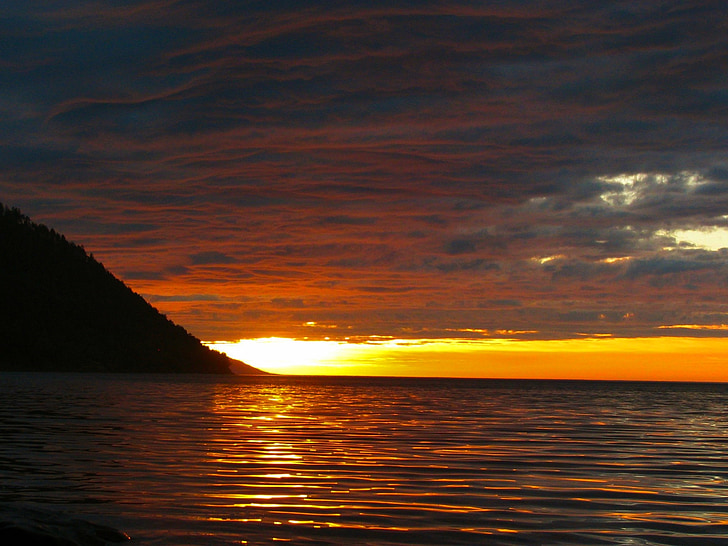 Baikal, soluppgång, morgon, moln, solen, sjön, Dawn