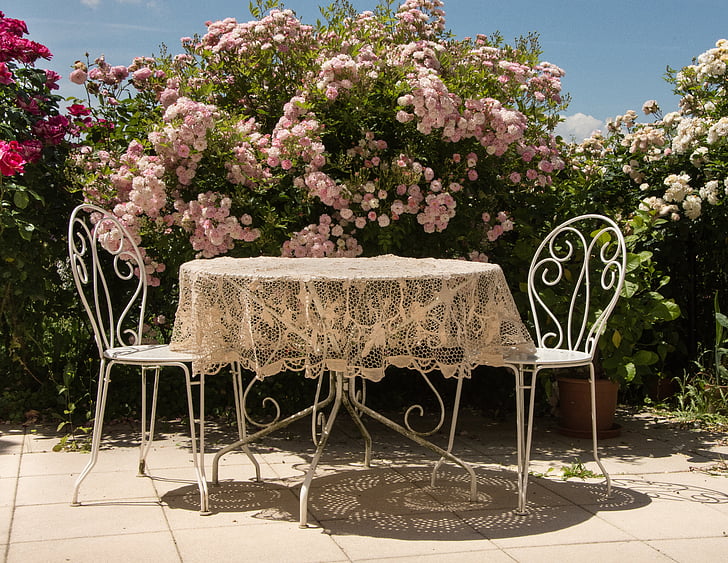 tabel, zomer, rozen, Terras, stoelen, zon, bloemen