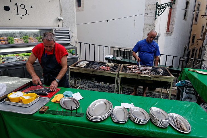 lisbon, portugal, old town, road, grill, fish, restaurant