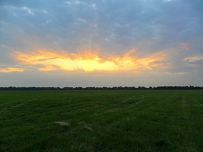sunset, evening sky, afterglow, field, meadow, arable, landscape