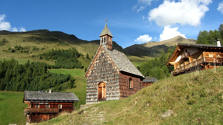 Alm, drevené domy, Alpské chaty, Bergdorf, Príroda, Príroda, Východné Tirolsko